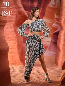 RSVP by Nykaa Fashion - Nikita Mhaisalkar White and Black Printed Ruffled Asymmetric Skirt (Set of 2)