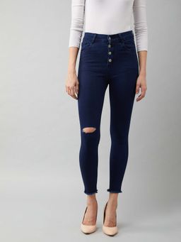 Miss Chase - Women's Navy Blue Cotton Skinny High Rise Stretchable Denim Jeans