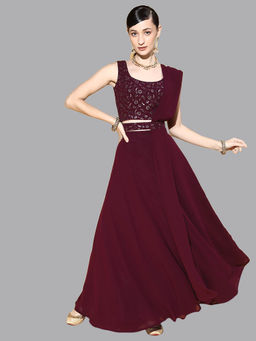 Libas - Womens Burgundy Embroidered Sequined Blouse with Lehenga and Dupatta (Set of 3)