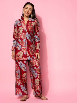 Libas - Womens Maroon Floral Co-Ord (Set of 2)