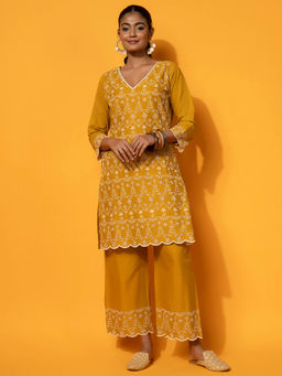 Libas - Womens Mustard Self Design Lace Work Kurta with Palazzo (Set of 2)