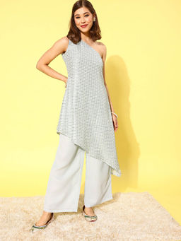 Libas - Womens Grey Embroidered Sequined Tunic with Palazzo (Set of 2)