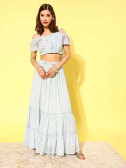 Libas - Womens Blue Embroidered Sequined Crop Top Attached Dupatta with Lehenga (Set of 2)