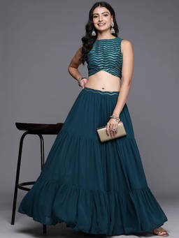 Libas - Womens Teal Embroidered Sequined Crop Top with Lehenga (Set of 2)