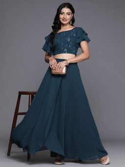 Libas - Womens Teal Embroidered Sequined Crop Top with Lehenga (Set of 2)