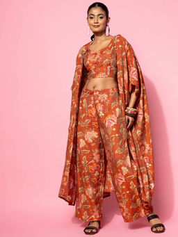 Libas - Womens Rust Floral Printed Co-Ord (Set of 3)
