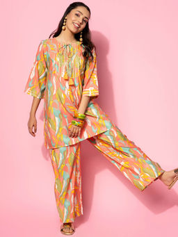 Libas - Womens Peach Printed Embroidered Co-Ord (Set of 2)