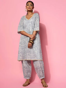 Libas - Womens Grey Printed Embroidered Co-Ord (Set of 2)