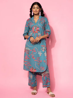 Libas - Womens Blue Floral Printed Co-Ord (Set of 2)
