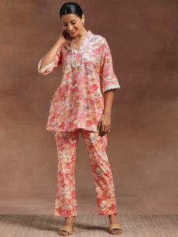 Libas - Womens Peach Printed Embroidered Co-Ord (Set of 2)
