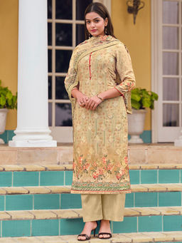 Stylee LIFESTYLE - Beige Jam Satin Digital Printed Unstitched Dress Material (Set of 3)