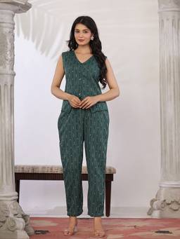 Aayusika - Women'S Cotton Blend Stripes Green West Coat with Pant