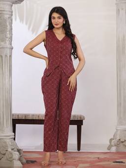 Aayusika - Women'S Cotton Blend Stripes Maroon West Coat with Pant
