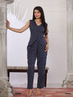 Aayusika - Women'S Cotton Blend Stripes Blue West Coat with Pant