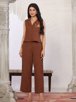Aayusika - Women Cotton Blend Floral Brown West Coat with Pant