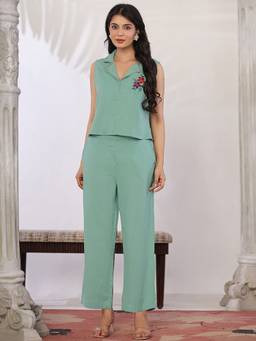 Aayusika - Women'S Cotton Blend Floral Green West Coat with Pant