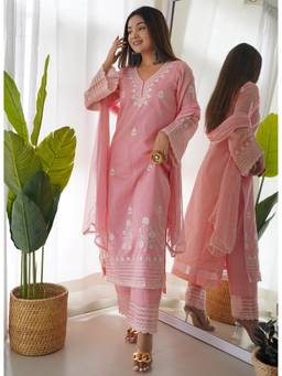 Kedar Fab - Women'S Silk Blend Embroidered Pink Kurta with Pant and Dupatta