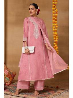 Rangriti - Women'S Polyester Embroidered Pink Anarkali Kurta with Palazzo and Dupatta