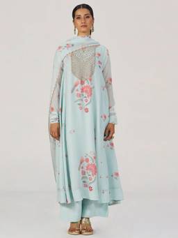 Ganga Fashions - Women'S Georgette Floral Blue Anarkali Kurta with Pant and Dupatta