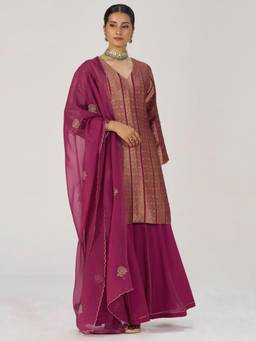 Ganga Fashions - Women'S Banarasi Woven Wine Kurti with Sharara and Dupatta