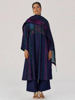 Ganga Fashions - Women'S Bemberg Embroidered Blue Kurta with Palazzo and Dupatta