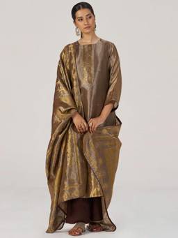 Ganga Fashions - Women'S Woven Self Design Gold Kurta with Palazzo and Dupatta
