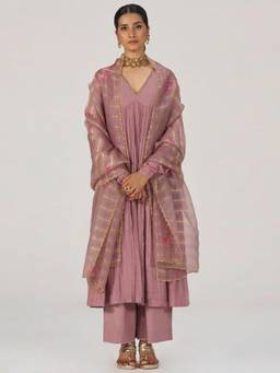 Ganga Fashions - Women'S Chanderi Solid Peach Anarkali Kurta with Pant and Dupatta
