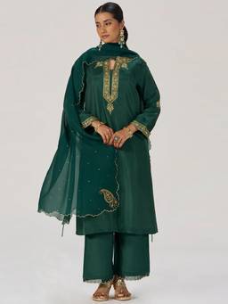 Ganga Fashions - Women'S Bemberg Embroidered Green Kurta with Palazzo and Dupatta