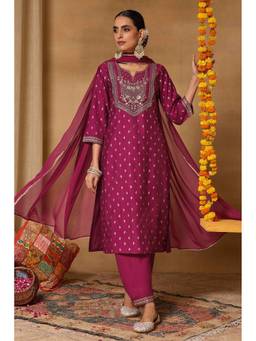 Rangriti - Women'S Viscose Rayon Embroidered Maroon Kurta with Pant and Dupatta