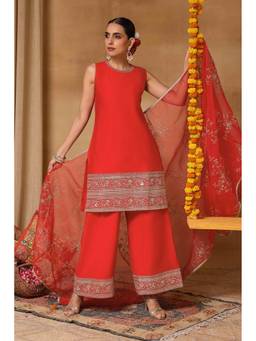 Rangriti - Women'S Viscose Rayon Embroidered Red Kurta with Palazzo and Dupatta