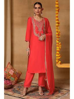 Rangriti - Women'S Viscose Rayon Embroidered Red Kurta with Pant and Dupatta
