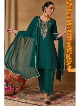 Rangriti - Women'S Viscose Rayon Embroidered Green Kurta with Pant and Dupatta