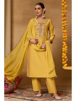 Rangriti - Women'S Viscose Rayon Embroidered Yellow Kurta with Pant and Dupatta