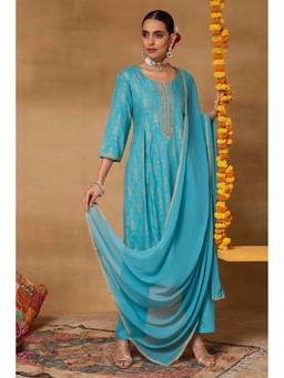 Rangriti - Women'S Viscose Rayon Printed Blue Kurta with Pant and Dupatta