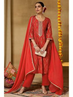 Rangriti - Women'S Viscose Rayon Printed Red Kurta with Pant and Dupatta
