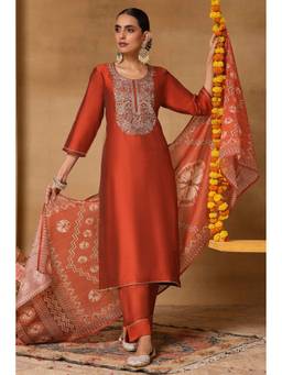 Rangriti - Women'S Viscose Rayon Embroidered Brown Kurta with Pant and Dupatta