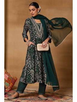 Rangriti - Women'S Viscose Rayon Printed Green Anarkali Kurta with Pant and Dupatta