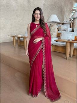 Kalista Fashion - Maroon Embellished Beads and Stones Satin Saree