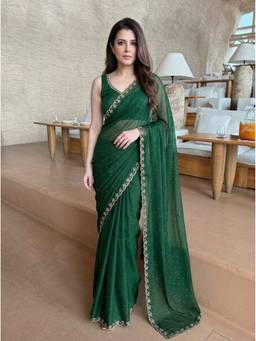 Kalista Fashion - Green Embellished Beads and Stones Chiffon Saree