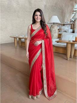 Kalista Fashion - Red Embellished Beads and Stones Satin Saree