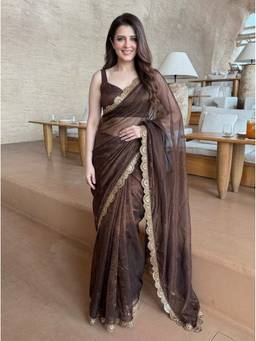 Kalista Fashion - Brown Embellished Sequinned Lace Work Net Saree