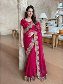 Kalista Fashion - Pink Floral Embroidered Embellished Sequinned Satin Saree