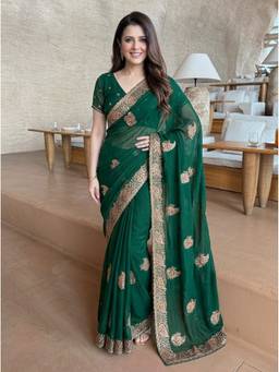 Kalista Fashion - Green Embroidered Embellished Sequinned Chiffon Saree