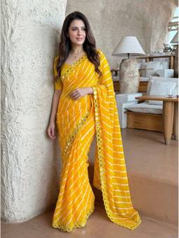 Kalista Fashion - Yellow Lehriya Printed Embellished Georgette Saree