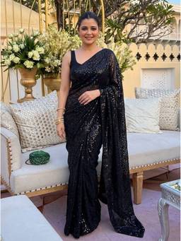 Kalista Fashion - Black Embroidered Embellished Sequinned Georgette Saree