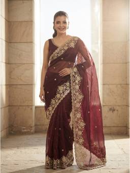 Kalista Fashion - Burgundy Floral Embroidered Embellished Sequinned Georgette Saree