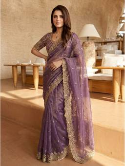 Kalista Fashion - Lavender Embroidered Embellished Sequinned Satin Saree