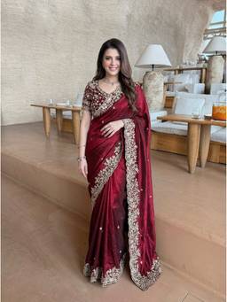 Kalista Fashion - Maroon Embroidered Embellished Sequinned Satin Saree