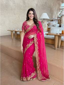 Kalista Fashion - Pink Embroidered Embellished Sequinned Satin Saree