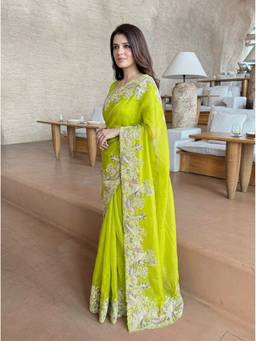 Kalista Fashion - Green Floral Zari Embroidered Embellished Sequinned Satin Saree